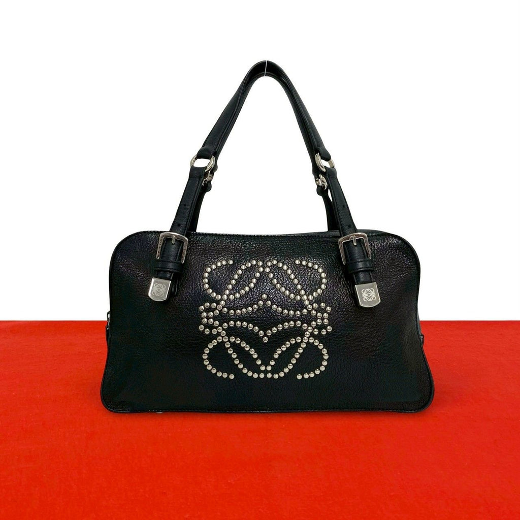 Loewe Anagram Studs Logo Leather Mini Tote Boston Bag Black