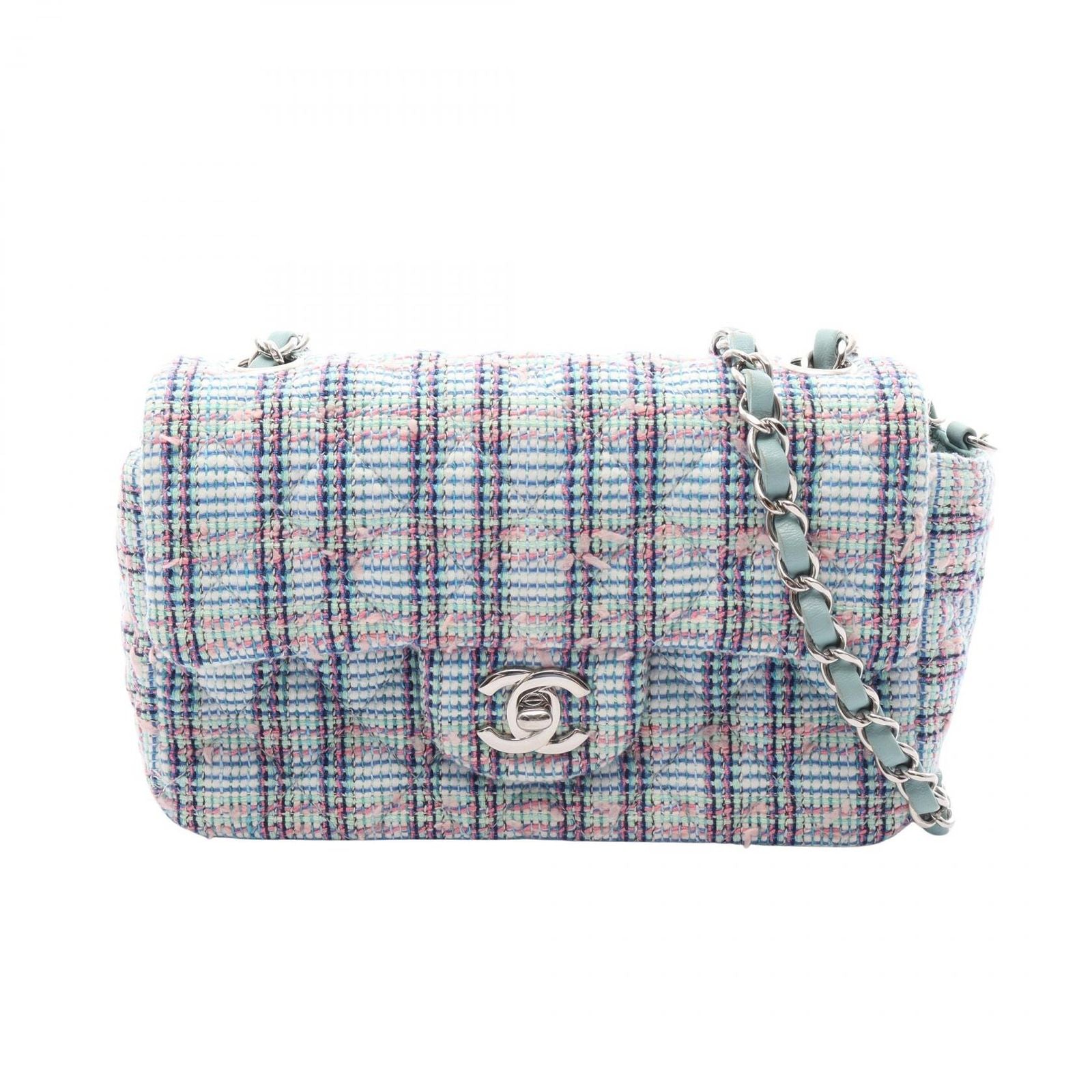 Chanel Shoulder Bag Mini Quilted 20 Mint Green Blue Fabric Chain