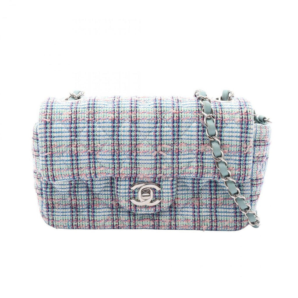 Chanel Shoulder Bag Mini Quilted 20 Mint Green Blue Fabric Chain