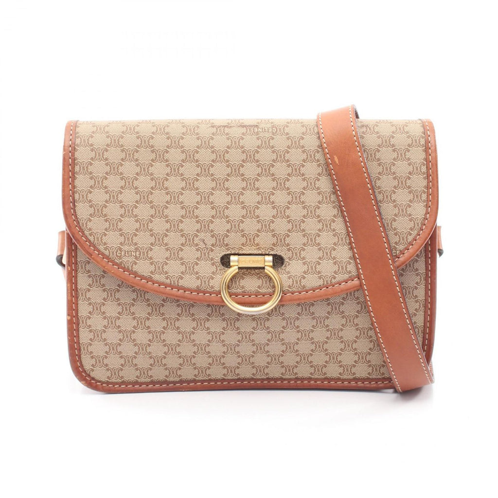 Celine Shoulder Bag Macadam Beige Canvas Leather Triomphe