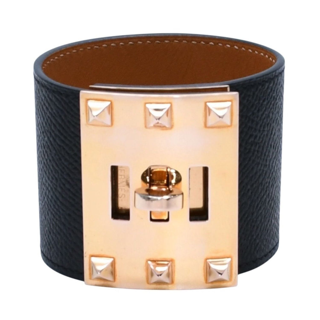 Hermes Kelly Dog Bangle Gold Leather Band Metal S Black Bracelet — view 2