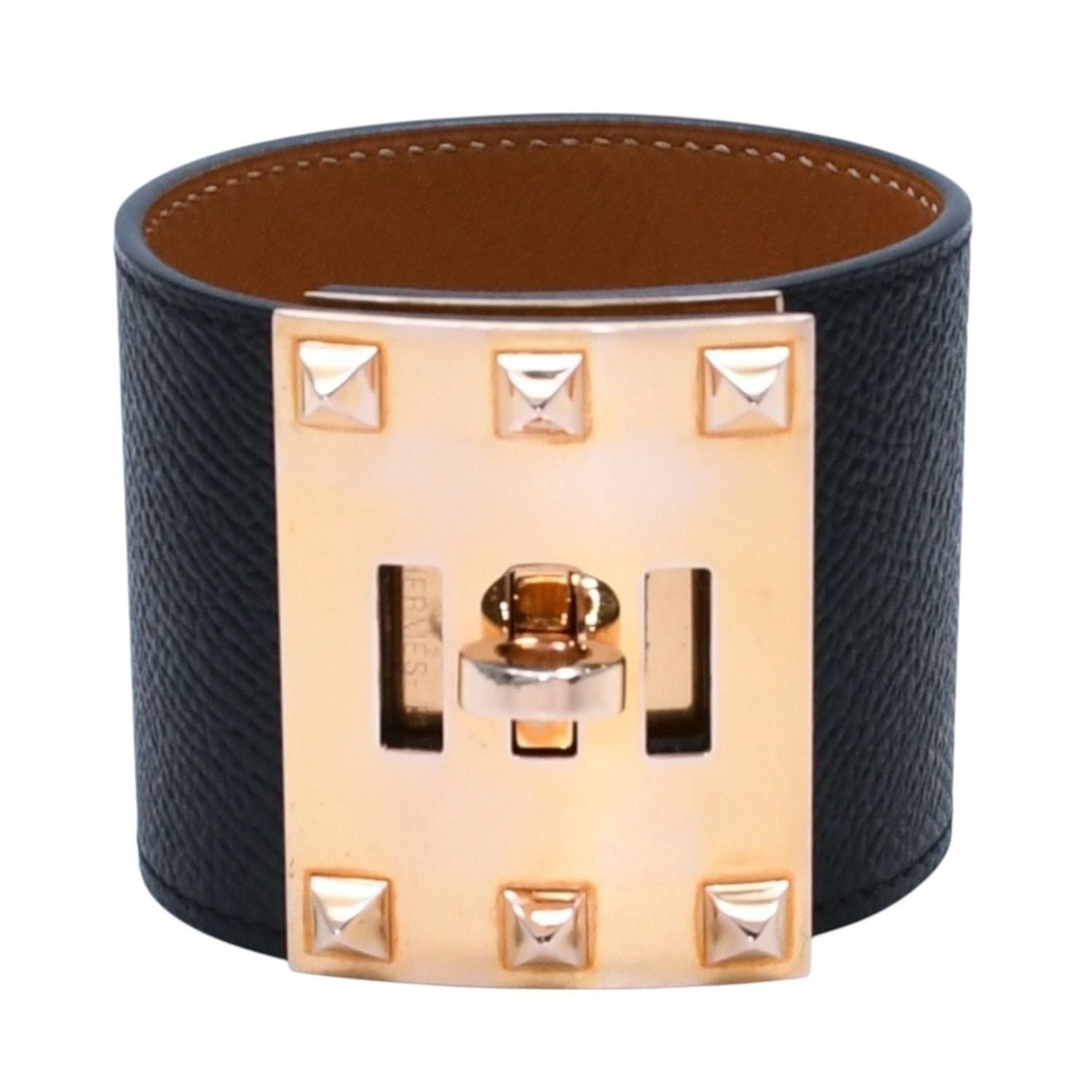 Hermes Kelly Dog Bangle Gold Leather Band Metal S Black Bracelet — view 2