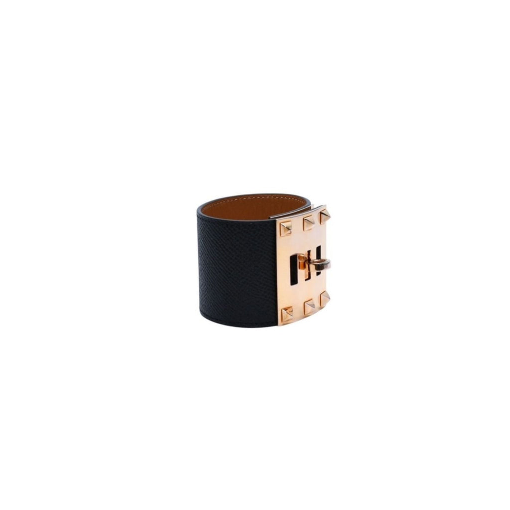 Hermes Kelly Dog Bangle Gold Leather Band Metal S Black Bracelet — view 4