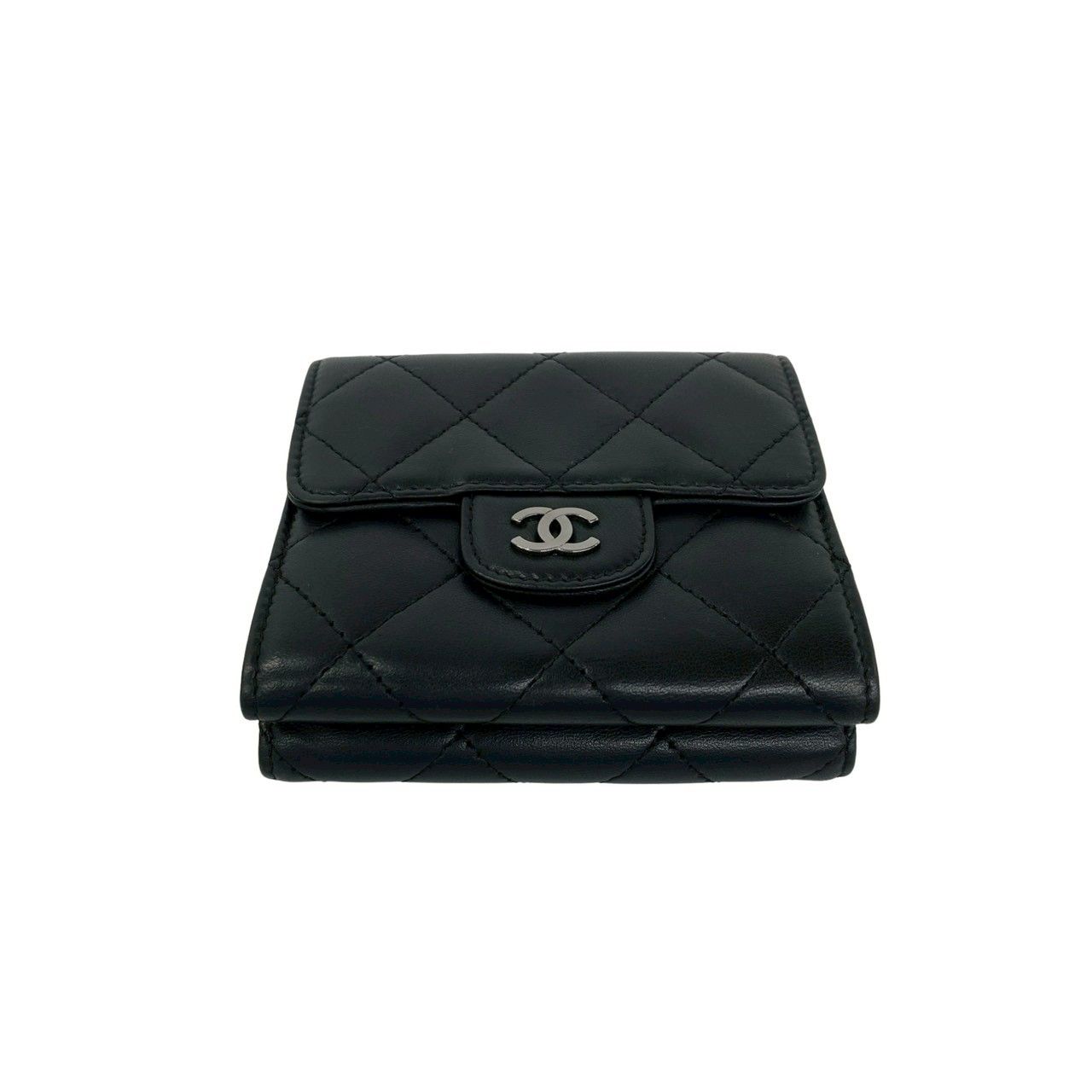 Chanel Quilted CC Logo Lambskin Leather Trifold Wallet Black — view 6