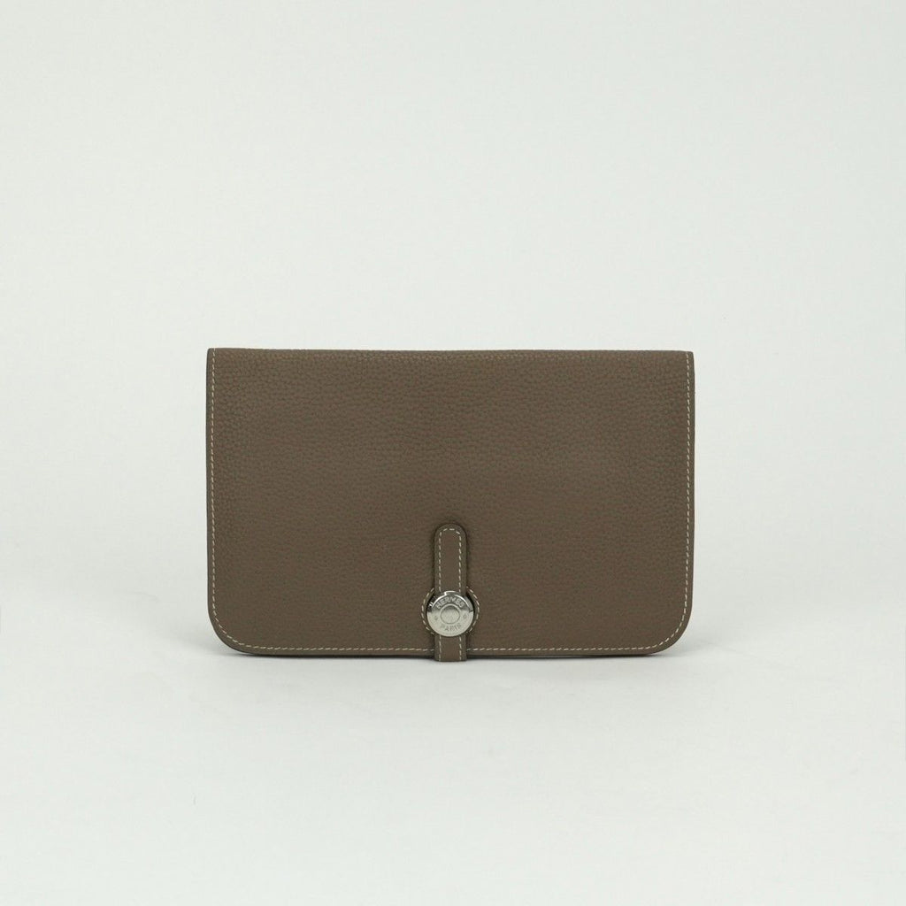 Hermes Dogon GM Duo Wallet Taurillon Clemence Etoupe Gray Silver