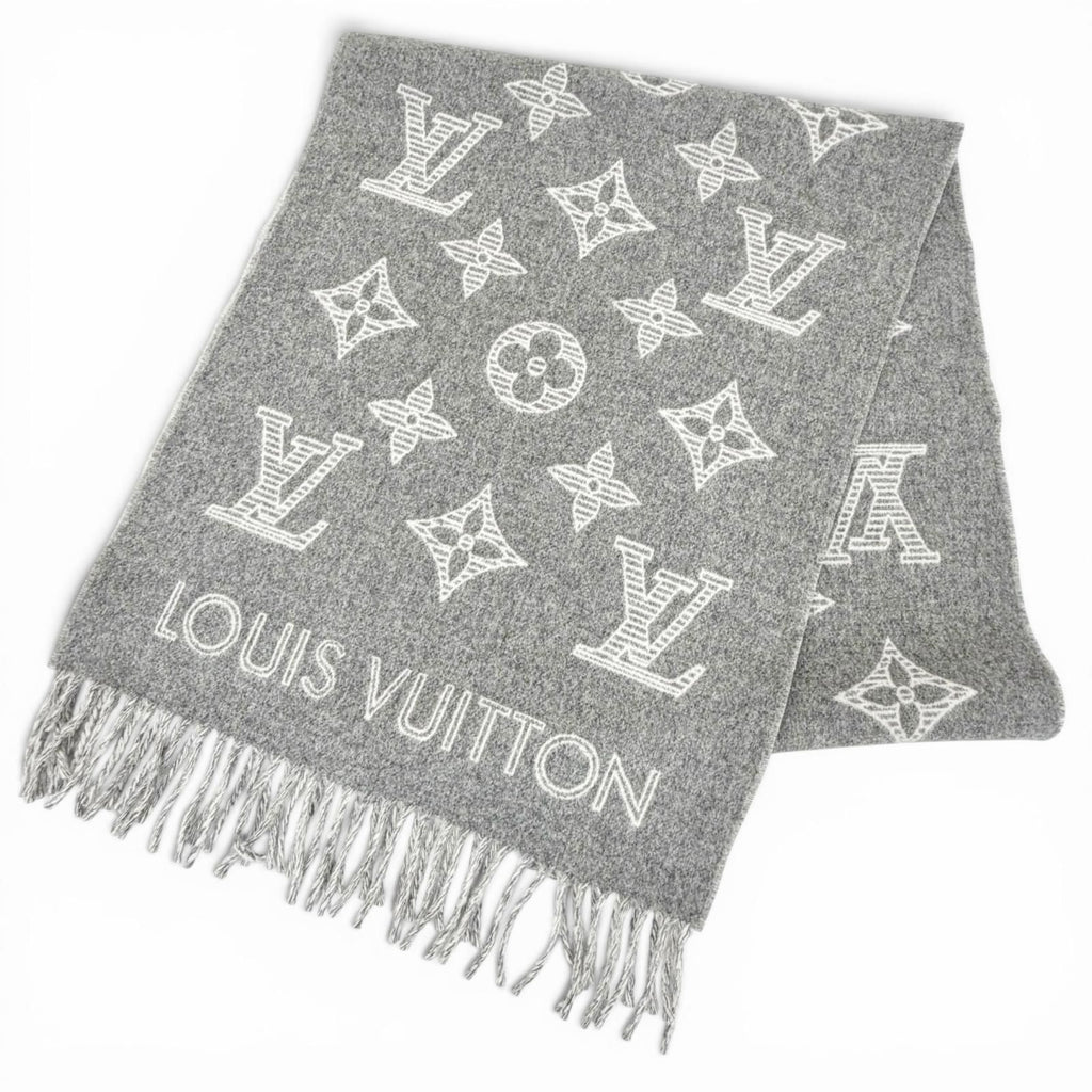 Louis Vuitton Scarf Monogram Shadow Wool Cashmere Large Shawl Gray