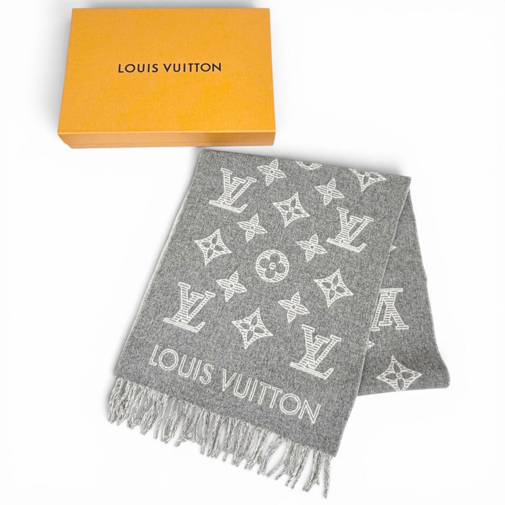 Louis Vuitton Scarf Monogram Shadow Wool Cashmere Large Shawl Gray — view 2