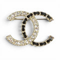 Chanel CC Logo Rhinestone Leather Chain Brooch Gold Black