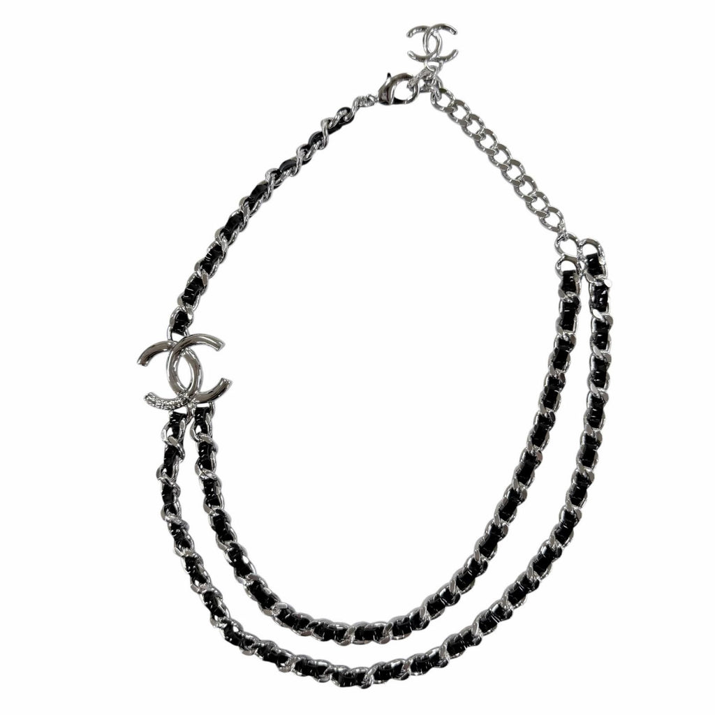 Chanel CC Logo Leather Chain Necklace Choker Silver Black