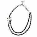 Chanel CC Logo Leather Chain Necklace Choker Silver Black