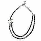 Chanel CC Logo Leather Chain Necklace Choker Silver Black