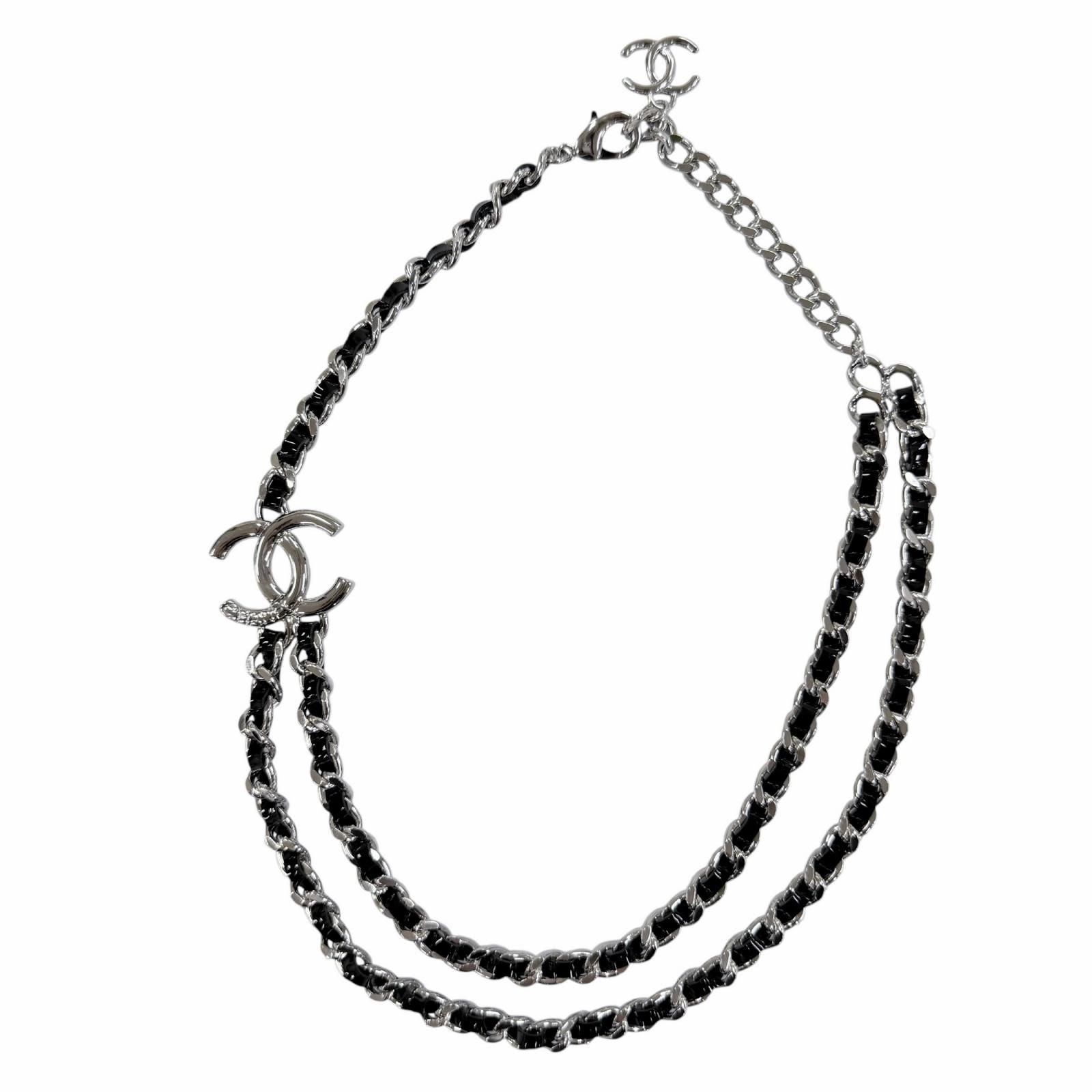 Chanel CC Logo Leather Chain Necklace Choker Silver Black
