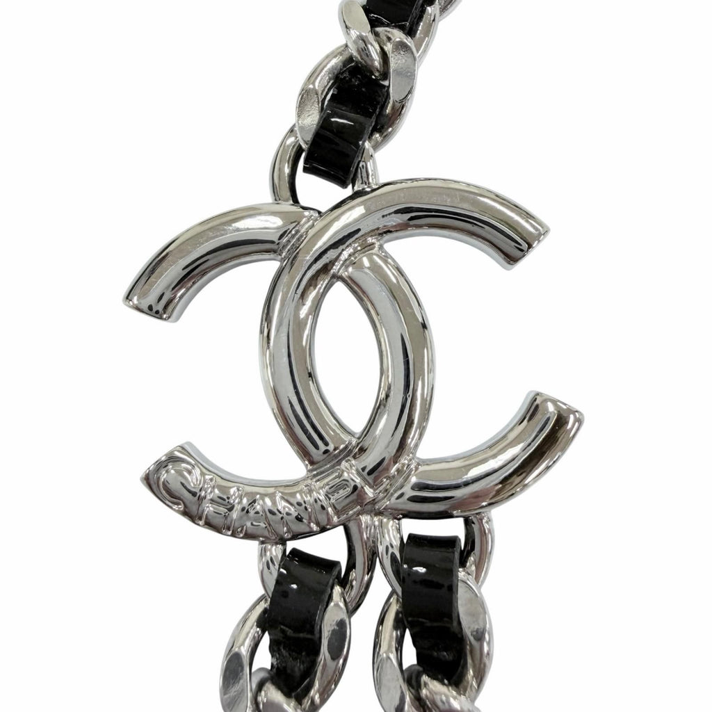 Chanel CC Logo Leather Chain Necklace Choker Silver Black — view 3