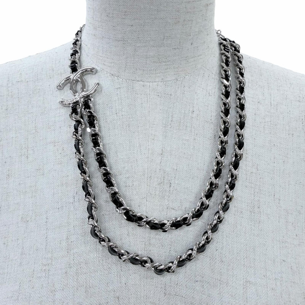 Chanel CC Logo Leather Chain Necklace Choker Silver Black — view 2
