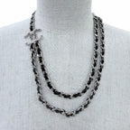 Chanel CC Logo Leather Chain Necklace Choker Silver Black — view 2