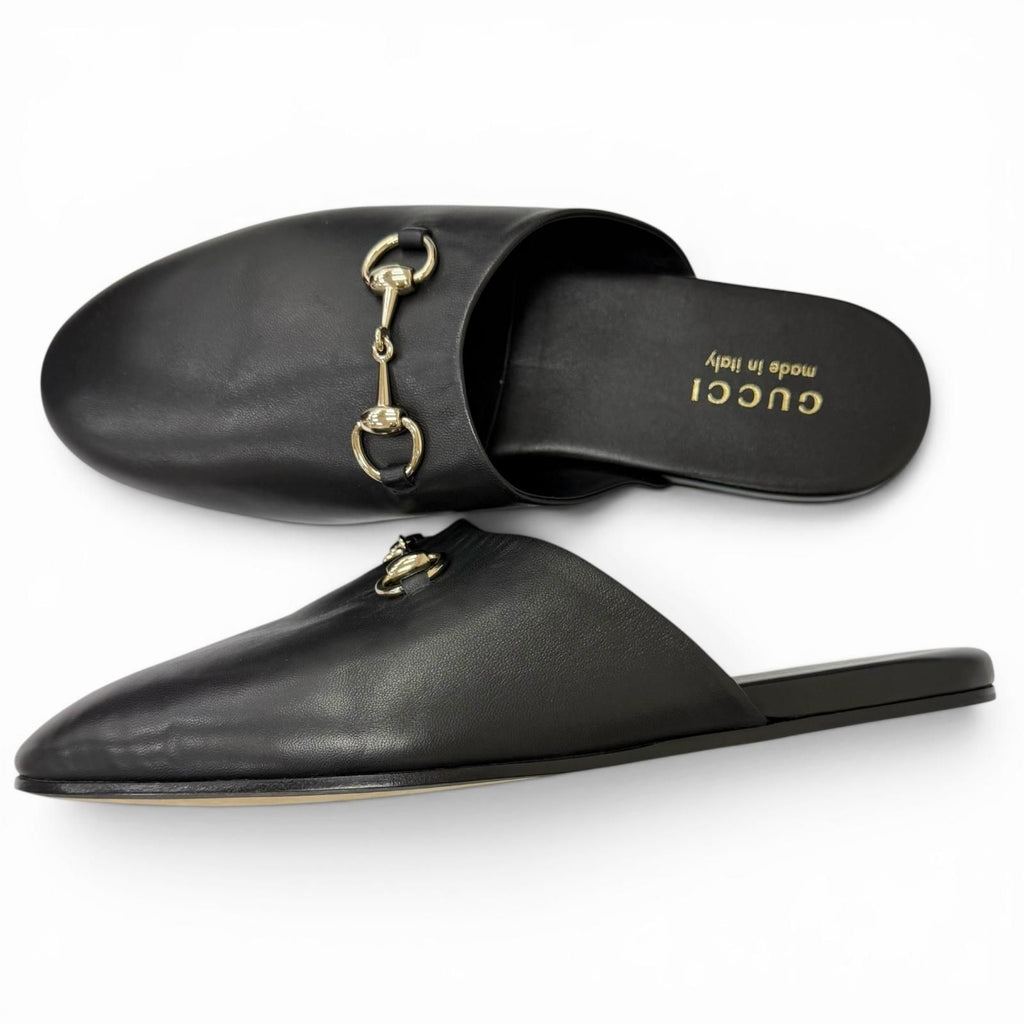Gucci Leather Horsebit Gold Flat Shoes Sandals Black 9 — view 4