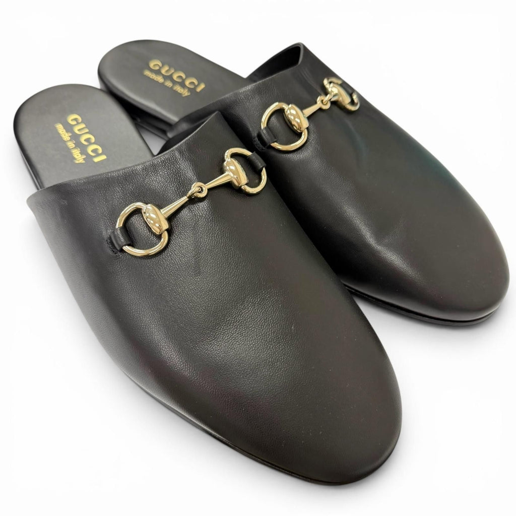 Gucci Leather Horsebit Gold Flat Shoes Sandals Black 9 — view 3
