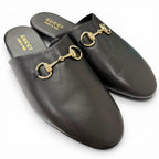 Gucci Leather Horsebit Gold Flat Shoes Sandals Black 9 — view 3