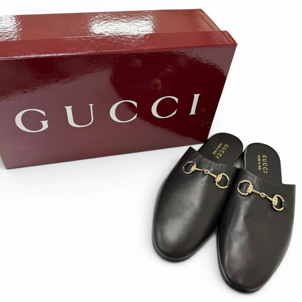 Gucci Leather Horsebit Gold Flat Shoes Sandals Black 9 — view 2