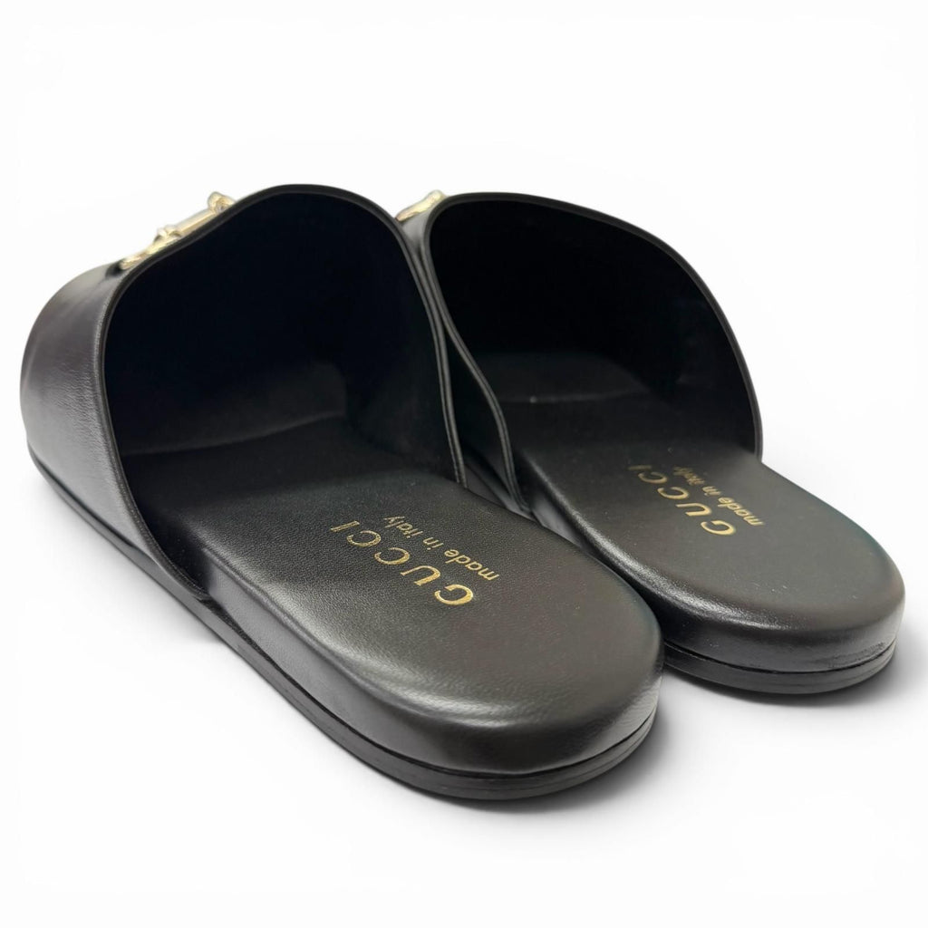 Gucci Leather Horsebit Gold Flat Shoes Sandals Black 9 — view 6