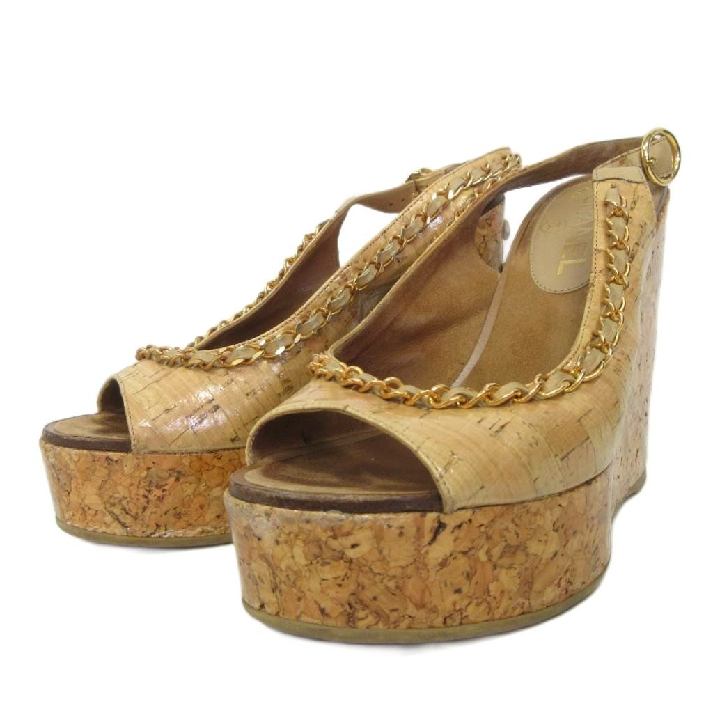 Chanel Chain CC Logo Sandals Wedge Sole 36.5 Brown