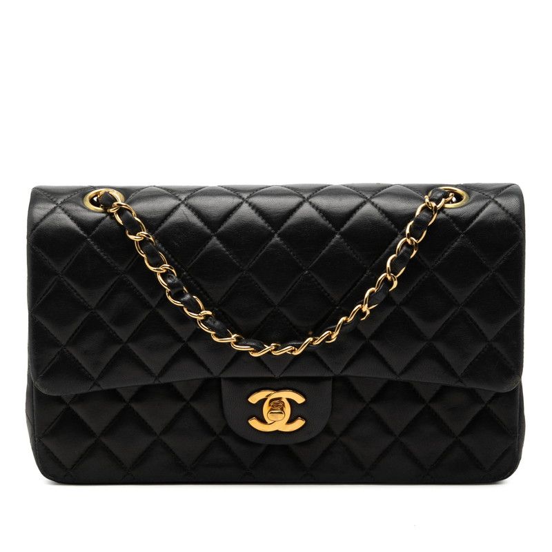 Chanel CC Logo Quilted 25 Double Flap Chain Shoulder Bag Navy Lambskin
