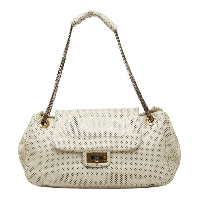 Chanel Quilted CC Logo 2.55 Perforated Chain Shoulder Bag Off White Leather