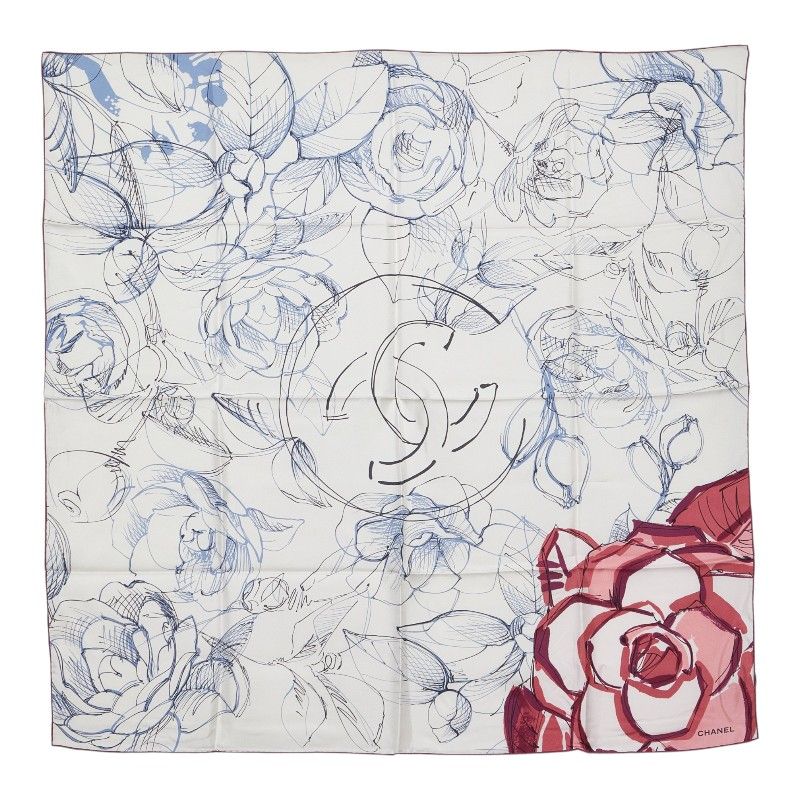 Chanel CC Logo Camellia Flower Floral Scarf White Multicolor Silk