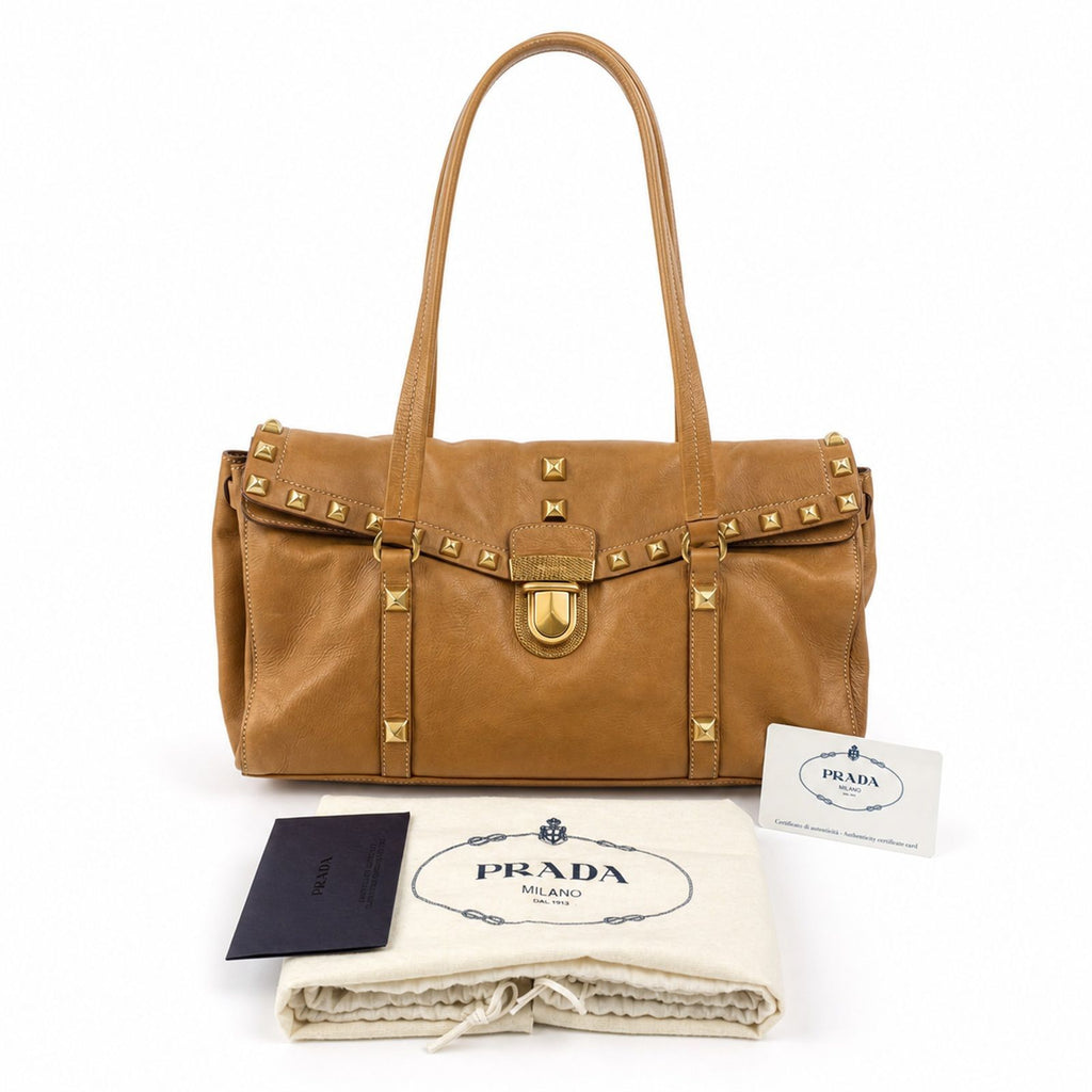 Prada Shoulder Bag Tote Leather Camel Brown Gold Vintage