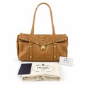 Prada Shoulder Bag Tote Leather Camel Brown Gold Vintage
