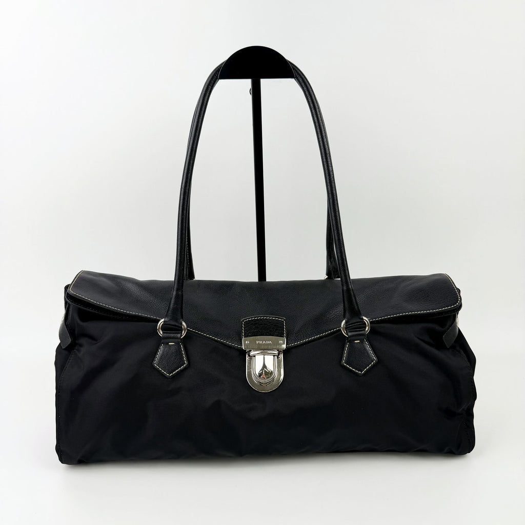 Prada Logo Shoulder Bag Tote Nylon Leather Black Silver Vintage