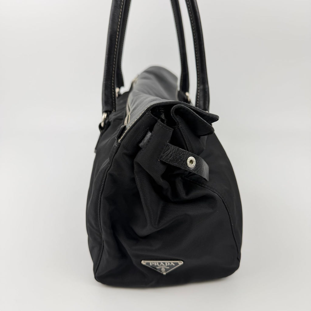 Prada Logo Shoulder Bag Tote Nylon Leather Black Silver Vintage — view 6