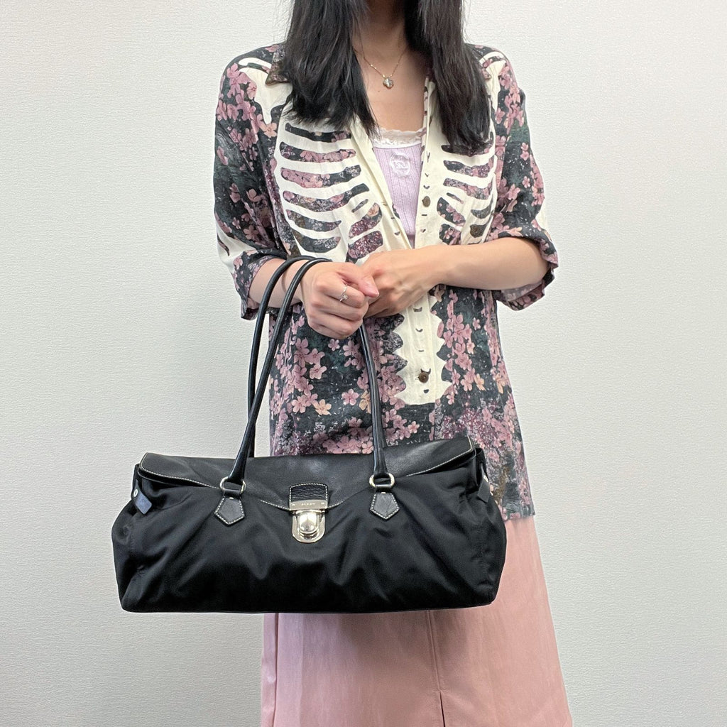 Prada Logo Shoulder Bag Tote Nylon Leather Black Silver Vintage — view 4