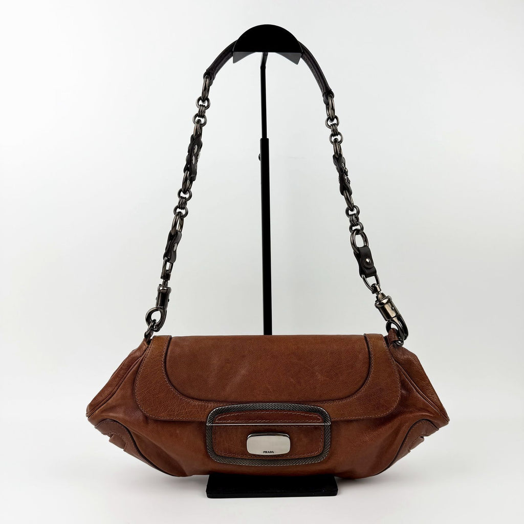 Prada Chain Shoulder Bag Leather Brown Gunmetallic Vintage