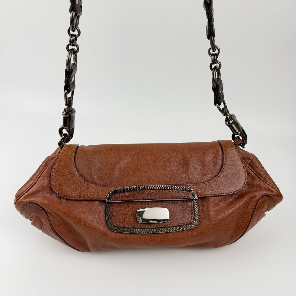 Prada Chain Shoulder Bag Leather Brown Gunmetallic Vintage — view 3