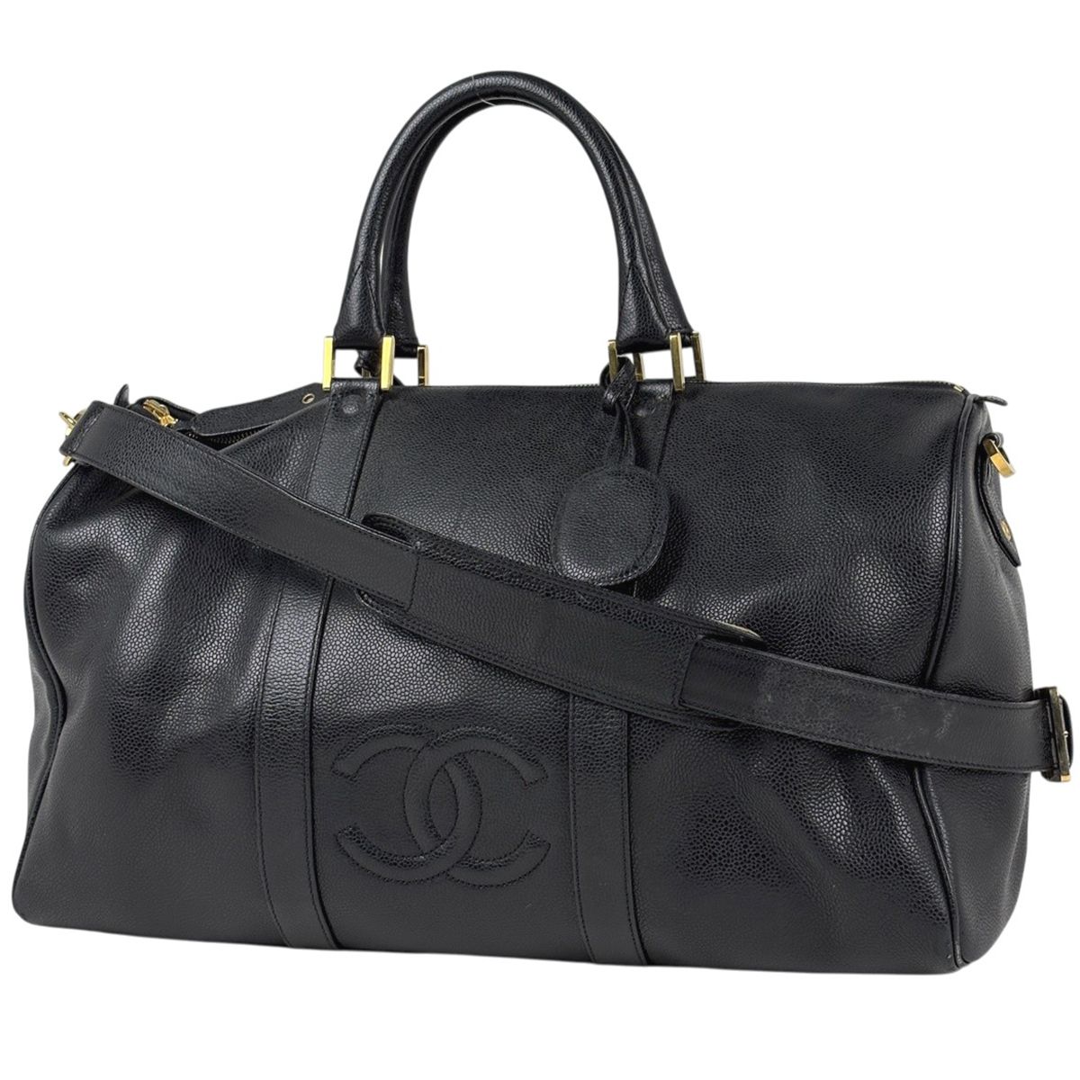 Chanel CC Logo Boston Bag 2-Way Caviar Leather Black