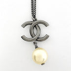 Chanel CC Logo Faux Pearl Necklace Silver Plated — view 2