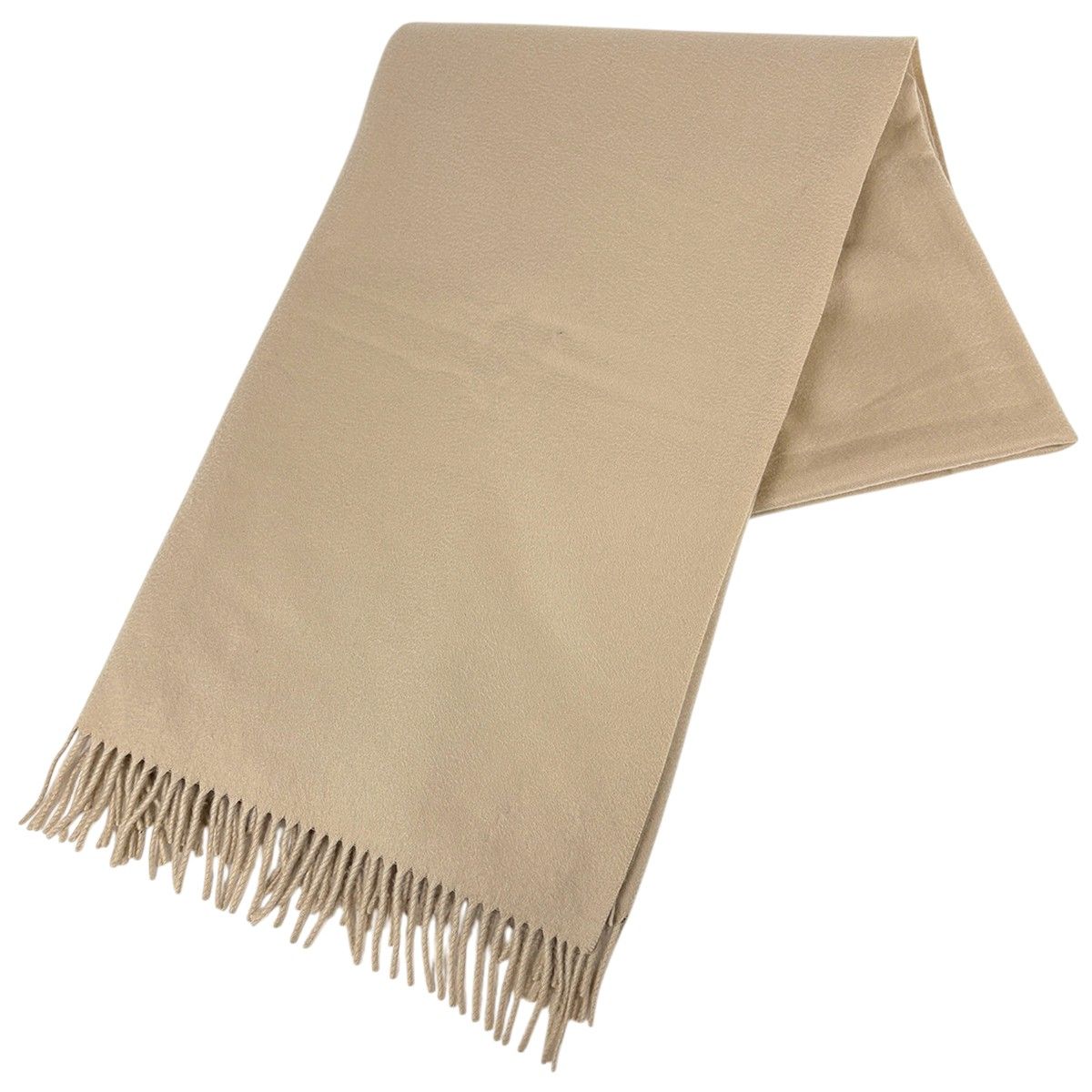 Hermes Logo Shawl Large Fringe Cashmere Beige Scarf