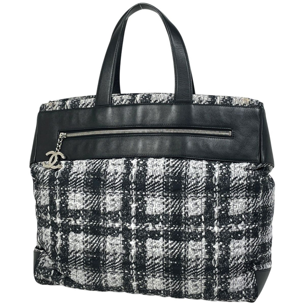 Chanel CC Logo Tote Tweed Print Nylon White Black