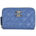 Chanel CC Logo Zip Around Coin Case Card Quilted Caviar Leather Blue