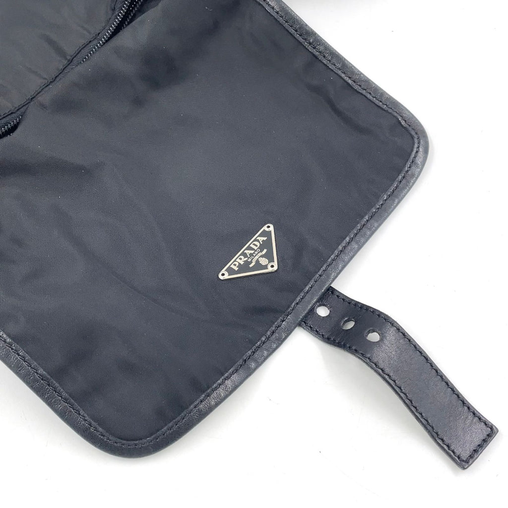 Prada Front Belt Leather Nylon Black Shoulder Bag Silver — view 8