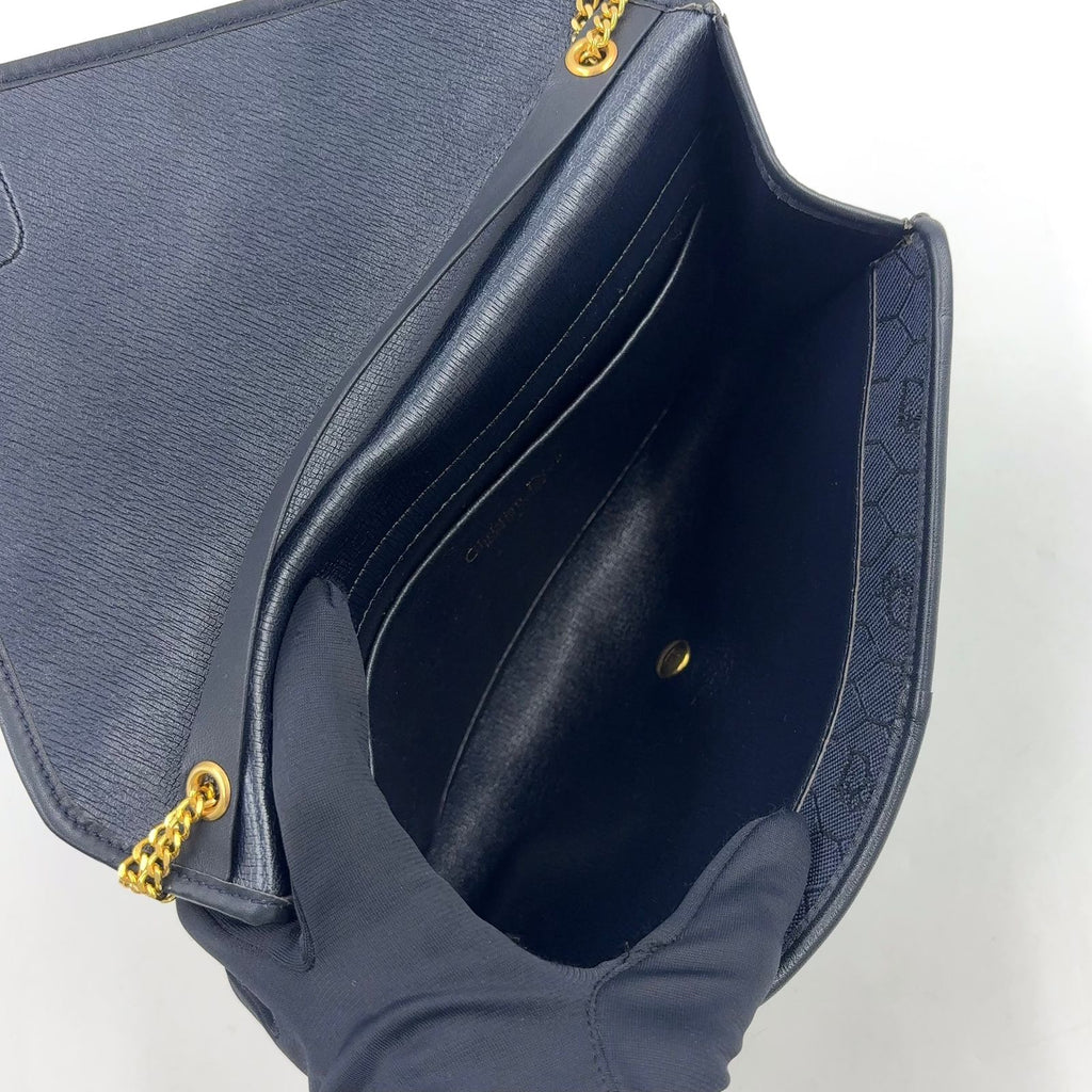 Dior Honeycomb Pattern Leather Canvas Navy Chain Shoulder Bag Gold — view 3