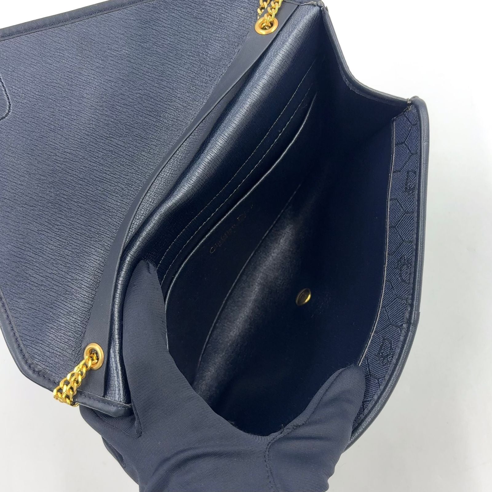 Dior Honeycomb Pattern Leather Canvas Navy Chain Shoulder Bag Gold — view 3