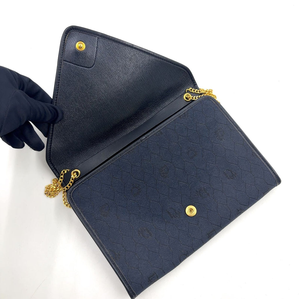 Dior Honeycomb Pattern Leather Canvas Navy Chain Shoulder Bag Gold — view 9