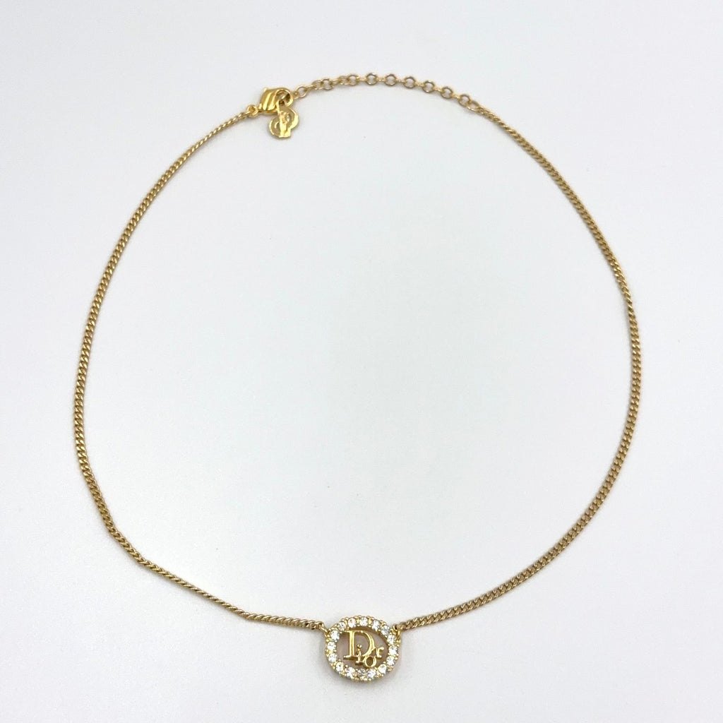 Dior Circle Motif Rhinestone Logo Color Stone Clear Gold Necklace — view 3