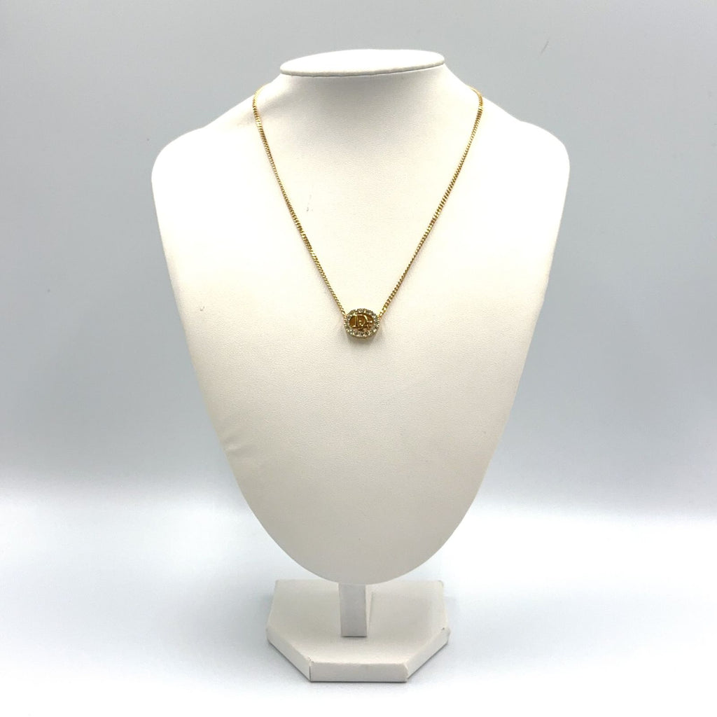 Dior Circle Motif Rhinestone Logo Color Stone Clear Gold Necklace — view 9