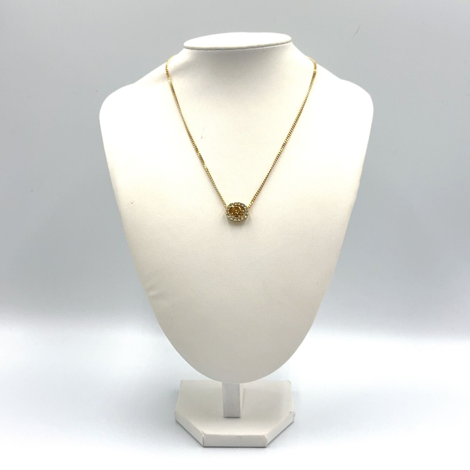 Dior Circle Motif Rhinestone Logo Color Stone Clear Gold Necklace — view 9