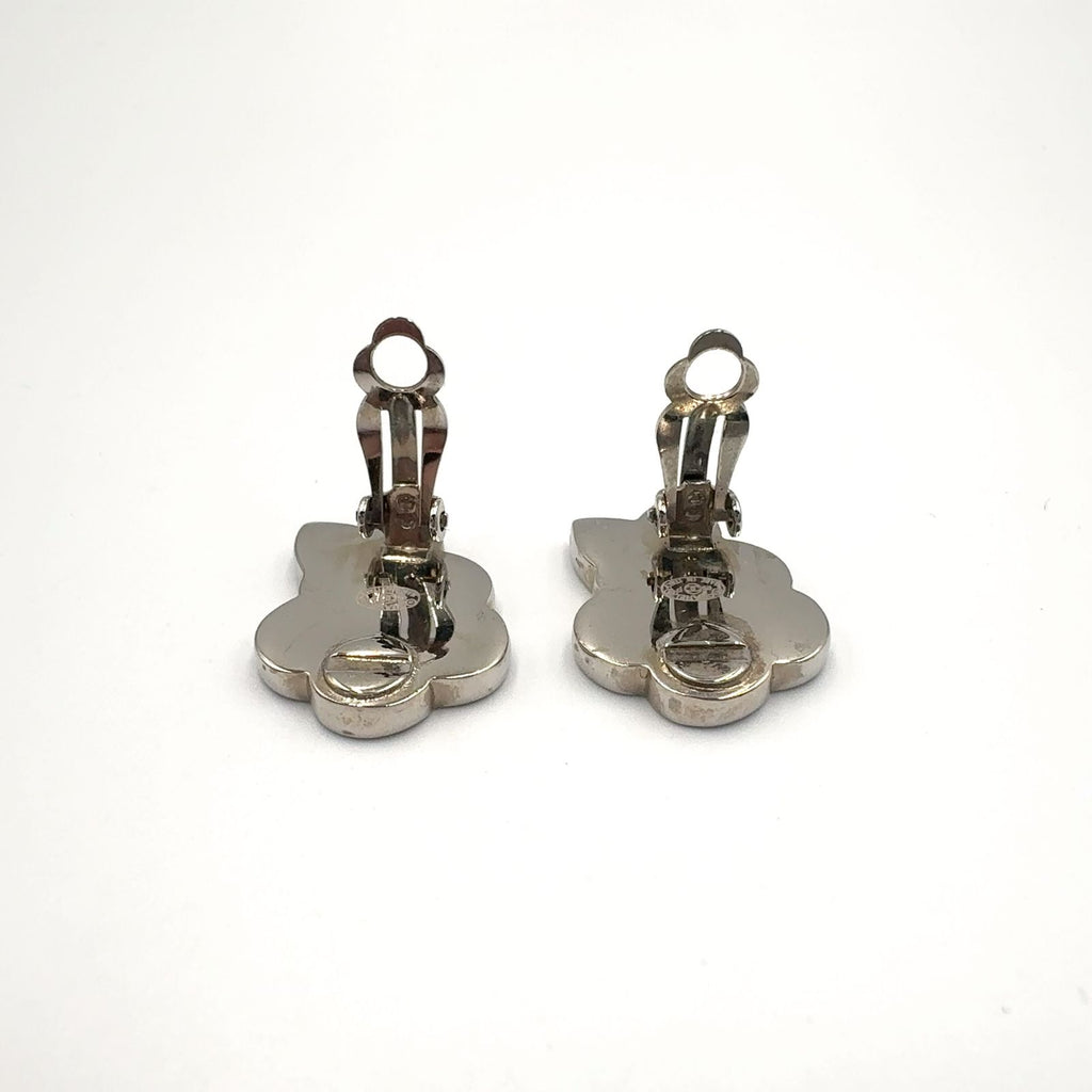Chanel Camellia CC Logo Metal Silver Black White Earrings — view 6