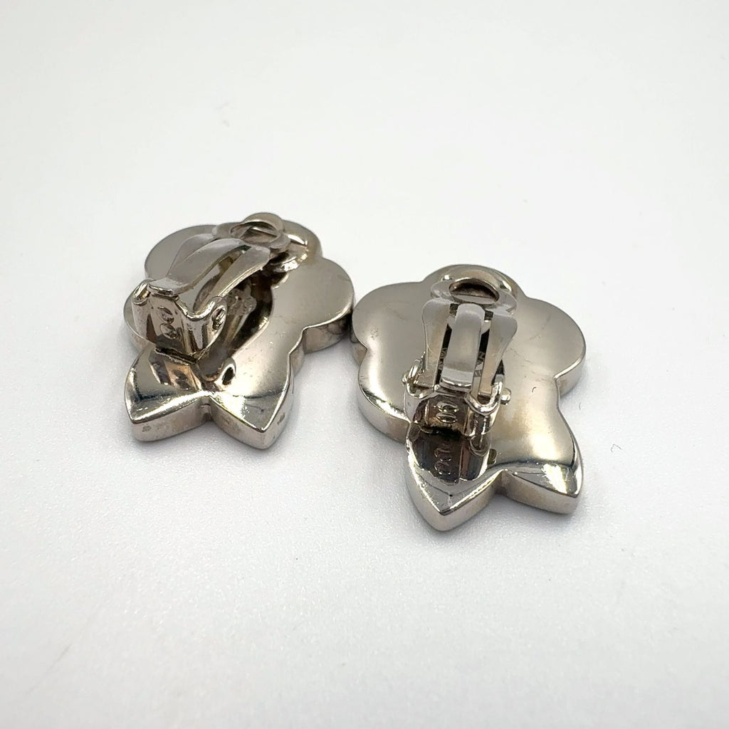 Chanel Camellia CC Logo Metal Silver Black White Earrings — view 9