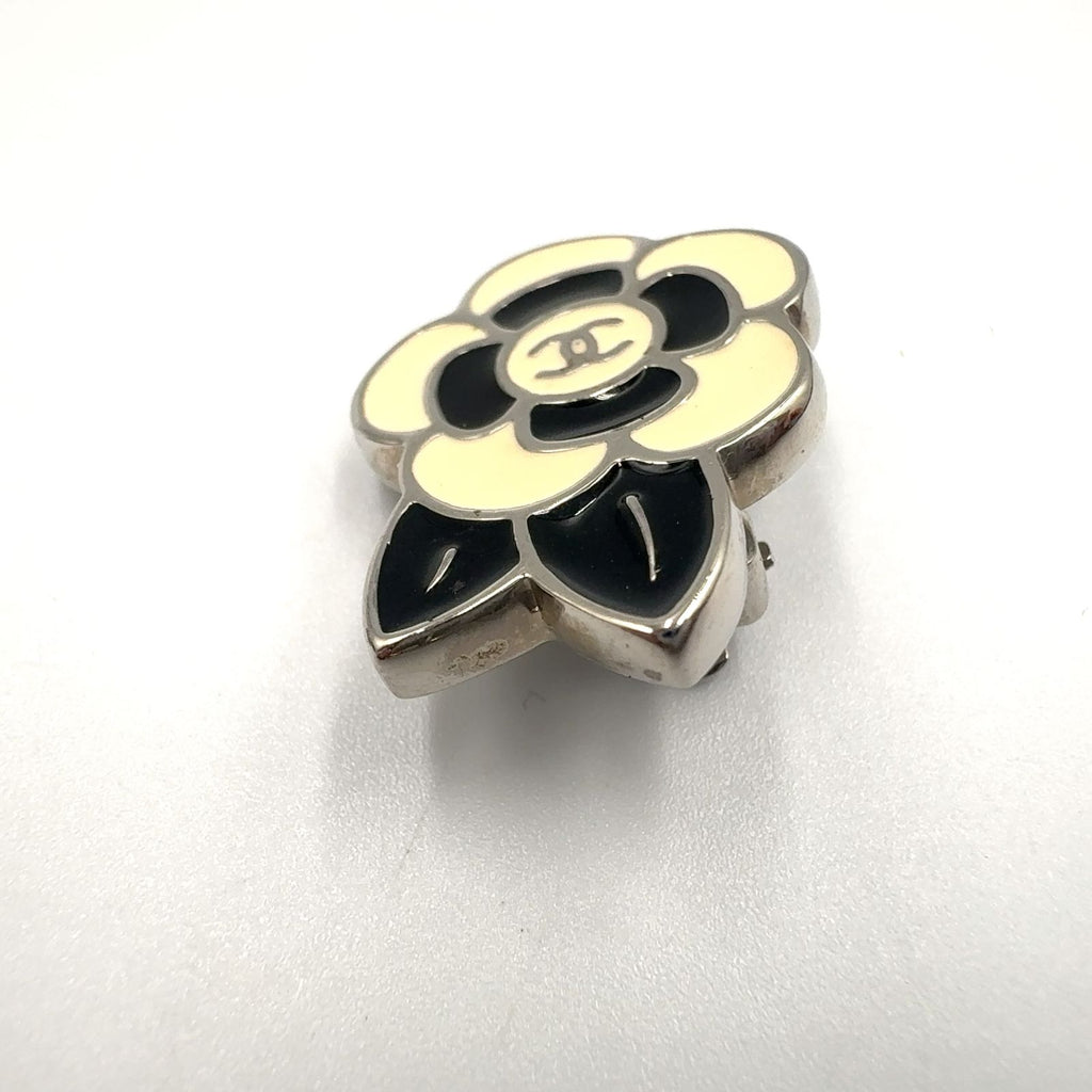 Chanel Camellia CC Logo Metal Silver Black White Earrings — view 8